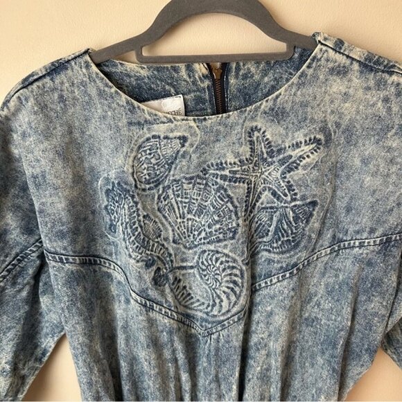Vintage 1980s Claudine Bueche Acid Wash Denim Midi 3/4 Sleeve Dress Size Medium - Picture 4 of 7